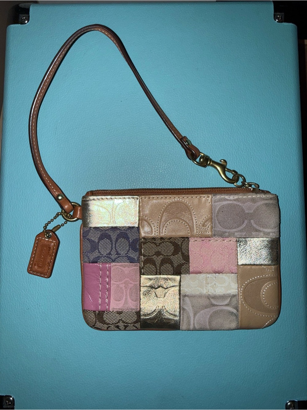 Coach Patchwork Wristlet in Pink, Brown, Tan and Metallic